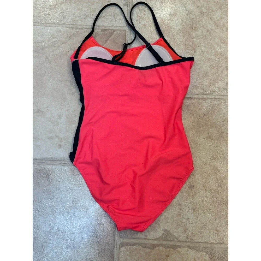 Athletech Girls Size 8 One Piece Swimsuit Coral Black Colorblock Cutout Swim